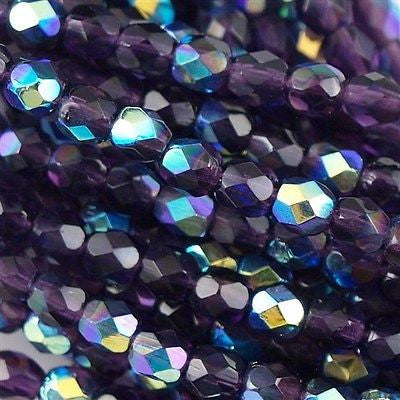 100 Czech Fire Polished 4mm Round Bead Tanzanite AB (20510X)