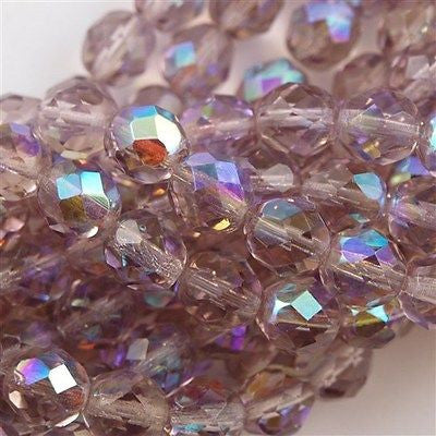 50 Czech Fire Polished 8mm Round Bead Light Amethyst AB (20020X)