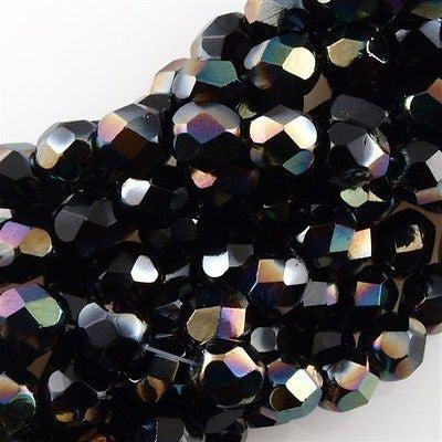 100 Czech Fire Polished 4mm Round Bead Jet Celsian (23980Z)