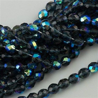 50 Czech Fire Polished 8mm Round Bead Montana Blue AB (30330X)