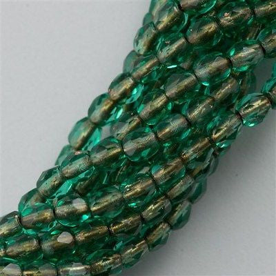 100 Czech Fire Polished 3mm Round Beads Copper Lined Emerald (50730CL)