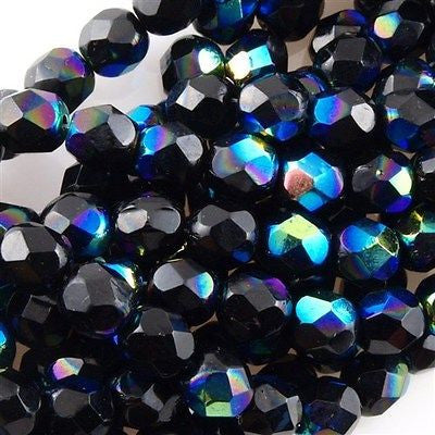 100 Czech Fire Polished 4mm Round Bead Jet AB (23980X)