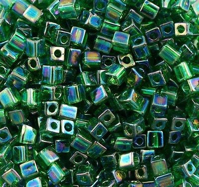 Miyuki 4mm Square Seed Bead Transparent Green AB 19g Tube (179)