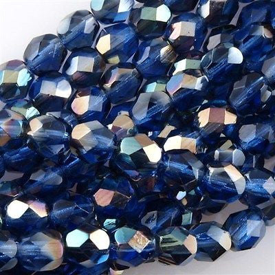 50 Czech Fire Polished 6mm Round Bead Sapphire Celsian (30050Z)