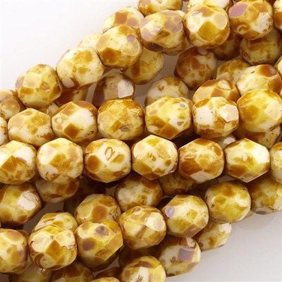 50 Czech Fire Polished 6mm Round Bead Opaque White Picasso (03000T)