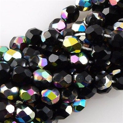 50 Czech Fire Polished 6mm Round Bead Jet Vitral (23980V)