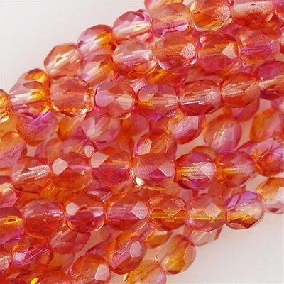 50 Czech Fire Polished 6mm Round Bead Dual Coated Fuchsia Cantaloupe (48016)