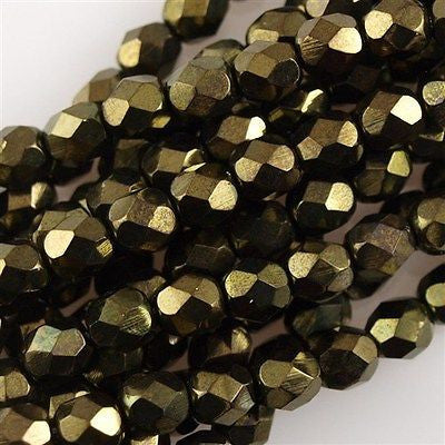 100 Czech Fire Polished 4mm Round Bead Metallic Green (14495B)