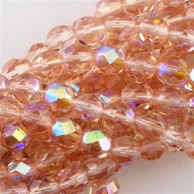 50 Czech Fire Polished 6mm Round Bead Rosaline AB (70100X)