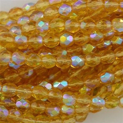 100 Czech Fire Polished 4mm Round Bead Medium Topaz AB (10060X)