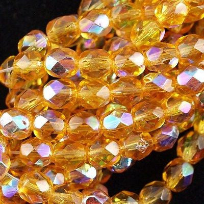 50 Czech Fire Polished 6mm Round Bead Medium Topaz AB (10060X)