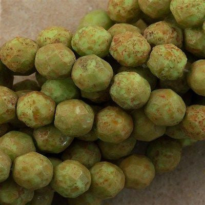 50 Czech Fire Polished 8mm Round Bead Opaque Pea Green Stone Picasso (52100TS)