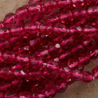 50 Czech Fire Polished 6mm Round Bead Coated Dark Fuchsia Rose (02910G)