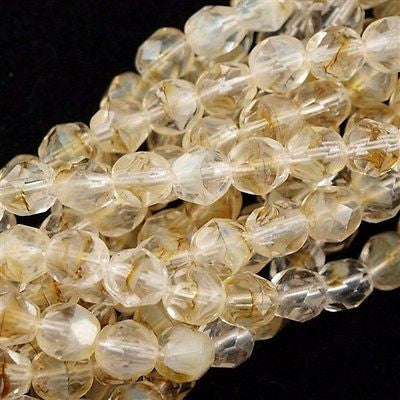 50 Czech Fire Polished 6mm Round Bead Crystal Brown White (15016)