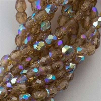 100 Czech Fire Polished 3mm Round Bead Smoky Topaz AB (10230X)