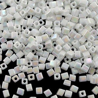 Miyuki 4mm Cube Seed Bead Opaque White AB 10g (402R)