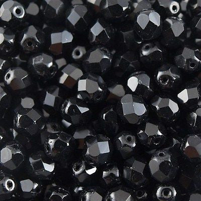 50 Czech Fire Polished 6mm Round Bead Jet Black (23980)