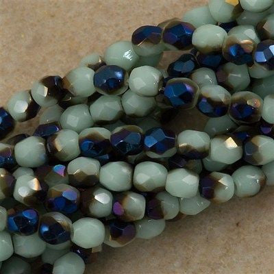 100 Czech Fire Polished 3mm Round Bead Midnight Iris Pale Turquoise (63100MI)