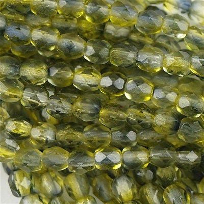 100 Czech Fire Polished 4mm Round Bead Dual Coat Black Diamond Olivine (48014)