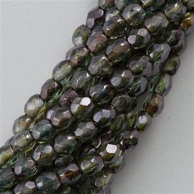 100 Czech Fire Polished 4mm Round Bead Transparent Green Luster (65431)