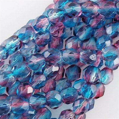 50 Czech Fire Polished 6mm Round Bead Dual Coated Aqua Fuchsia (48013)