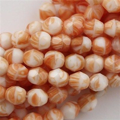 50 Czech Fire Polished 6mm Round Bead White Orange (95000)