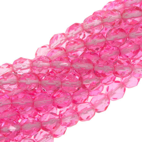 50 Czech Fire Polished 6mm Round Bead Pearl Coat Bright Pink (07300G)