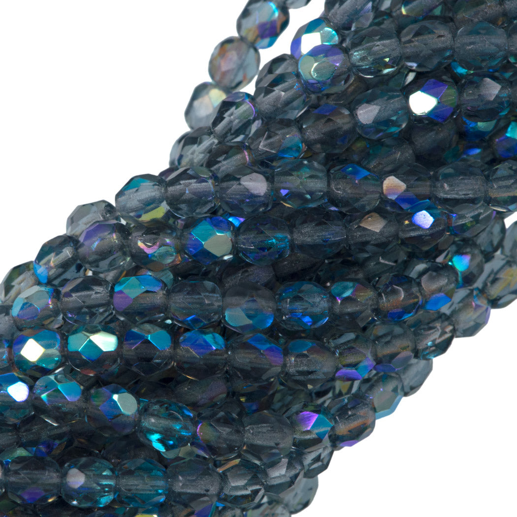 100 Czech Fire Polished 4mm Round Bead Montana Blue AB (30330X)