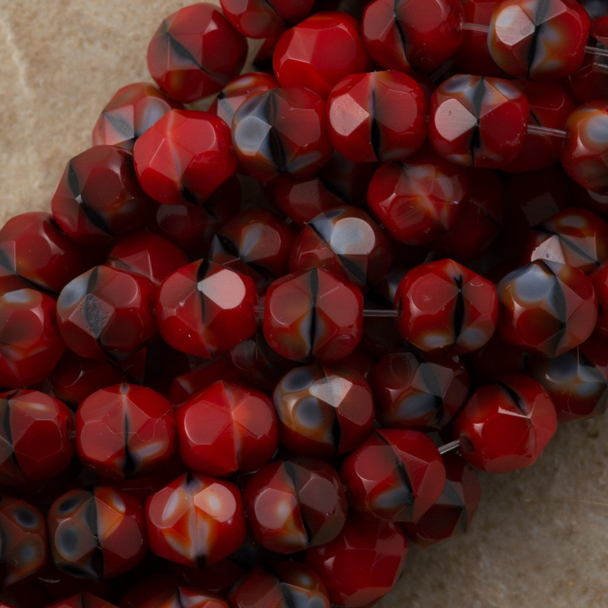 50 Czech Fire Polished 6mm Round Bead Stripe Red Black Brown (26907)