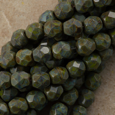 50 Czech Fire Polished 6mm Round Bead Opaque Olive Picasso (53420T)