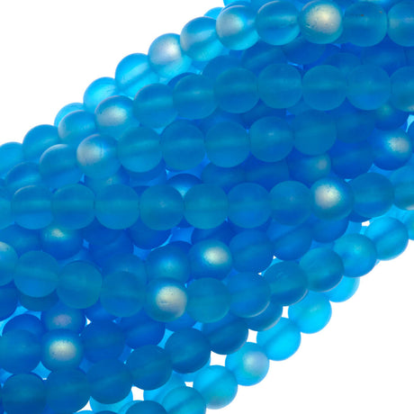 100 Czech 6mm Pressed Glass Round Matte Aquamarine AB Beads (60020MX)