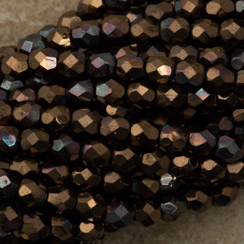 100 Czech Fire Polished 4mm Round Bead Bronze Vega Jet (23980Y)