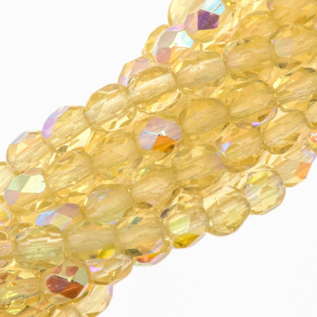 100 Czech Fire Polished 3mm Round Bead Light Topaz AB (10020X)