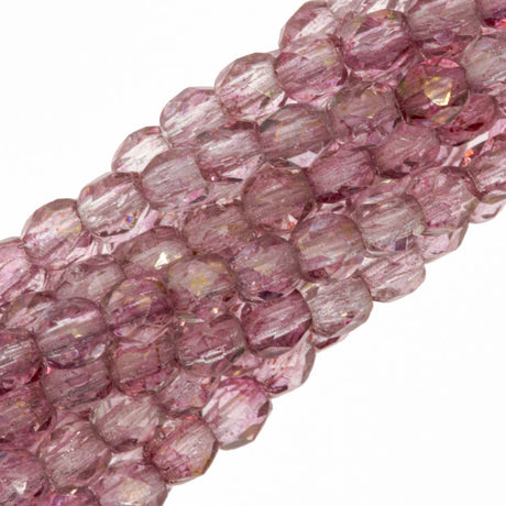 100 Czech Fire Polished 3mm Round Beads Transparent Topaz Pink Luster (15495)