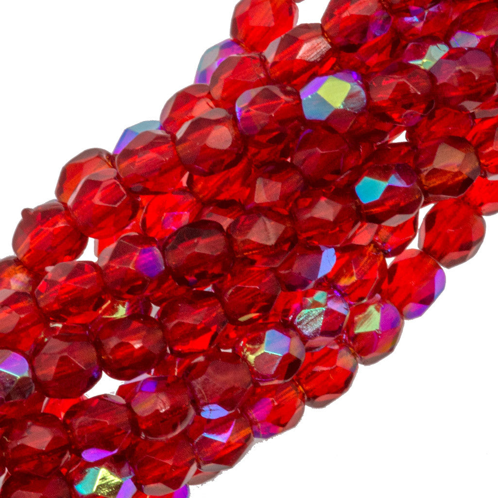 100 Czech Fire Polished 3mm Round Bead Siam Ruby AB (90080X)