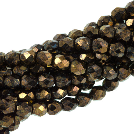 50 Czech Fire Polished 6mm Round Bead Jet Bronze Picasso (23980BT)