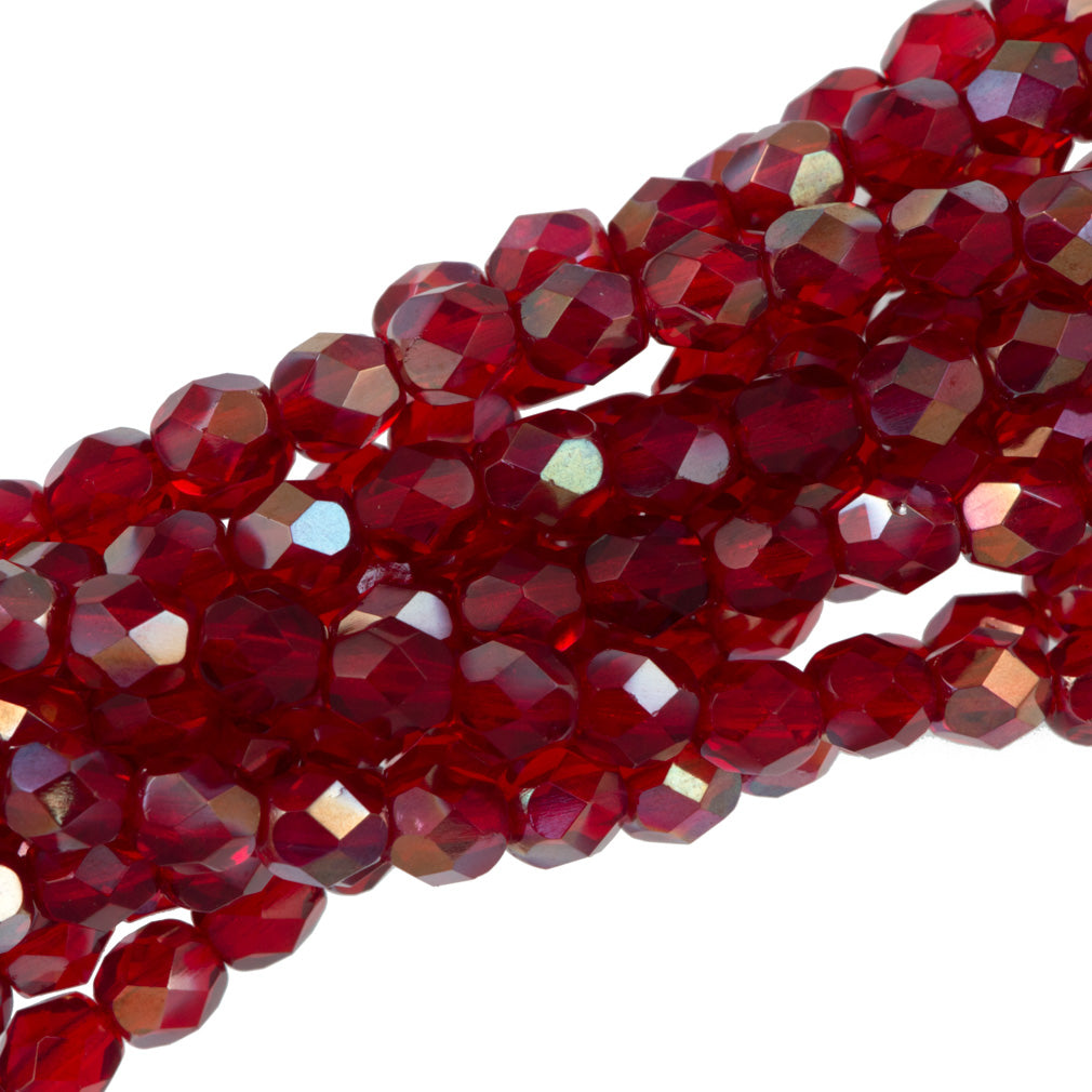 50 Czech Fire Polished 6mm Round Bead Ruby Celsian (90090Z)