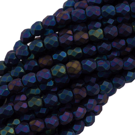 100 Czech Fire Polished 4mm Round Bead Matte Blue Iris (21135)