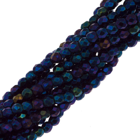 100 Czech Fire Polished 2mm Round Bead Blue Iris (21435)