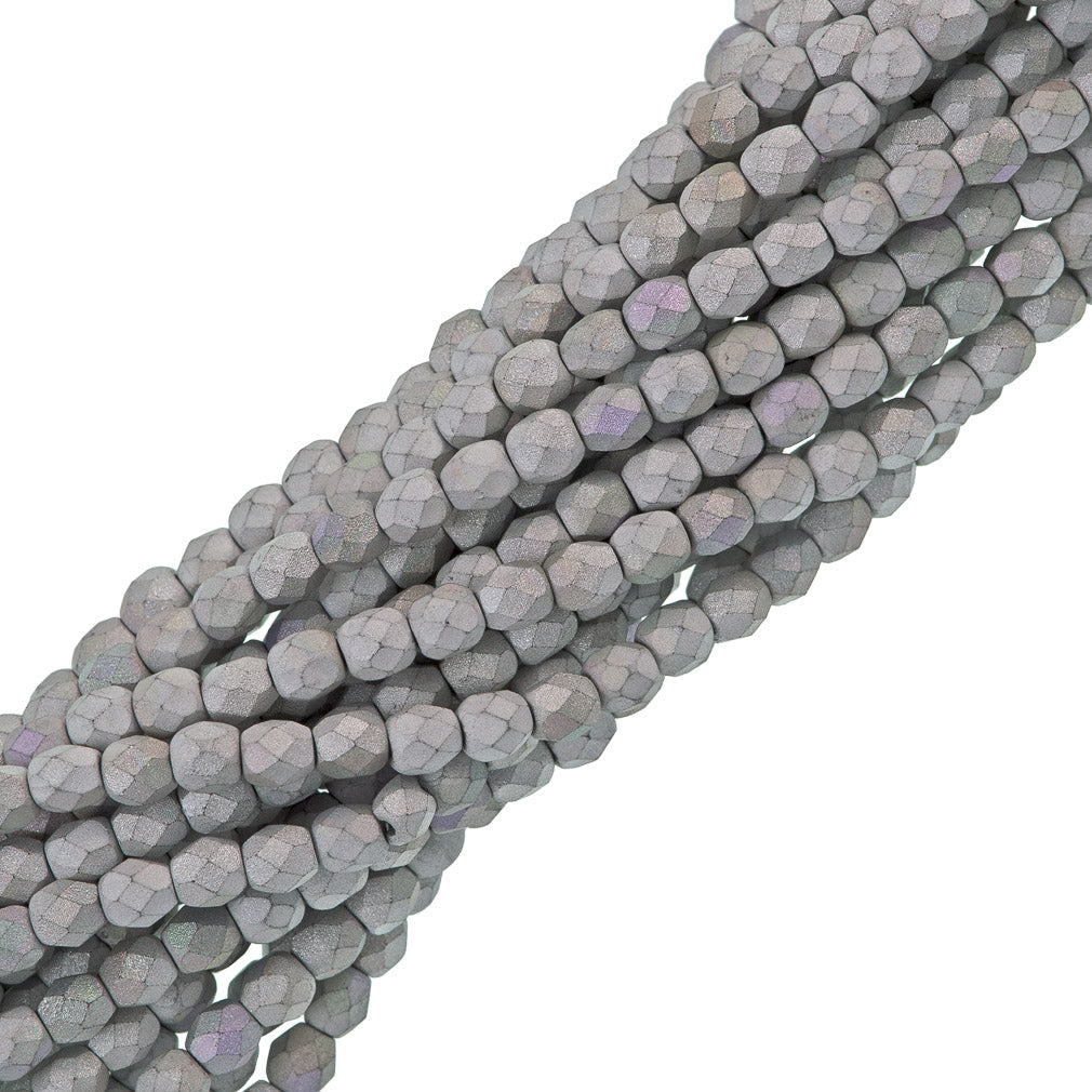 80 Czech Fire Polished 4mm Round Bead Matte Glittery Silver (98853)