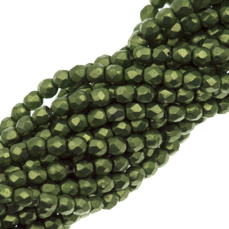 100 Czech Fire Polished 2mm Round Bead Saturated Metallic Greenery (77064)