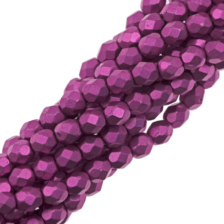 100 Czech Fire Polished 4mm Round Bead Saturated Metallic Pink Yarrow (77062)