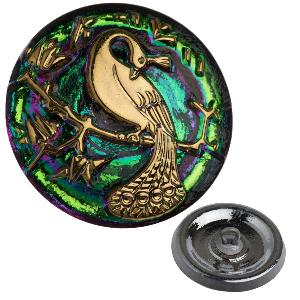 Czech 22mm Green Vitrail Peacock Glass Button