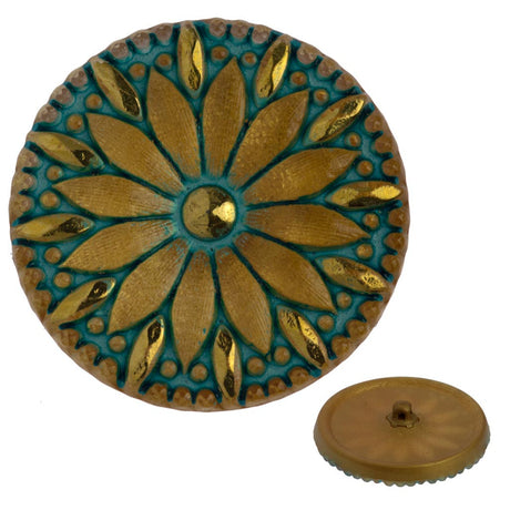 Czech 31mm Gold Aqua Flower Glass Button