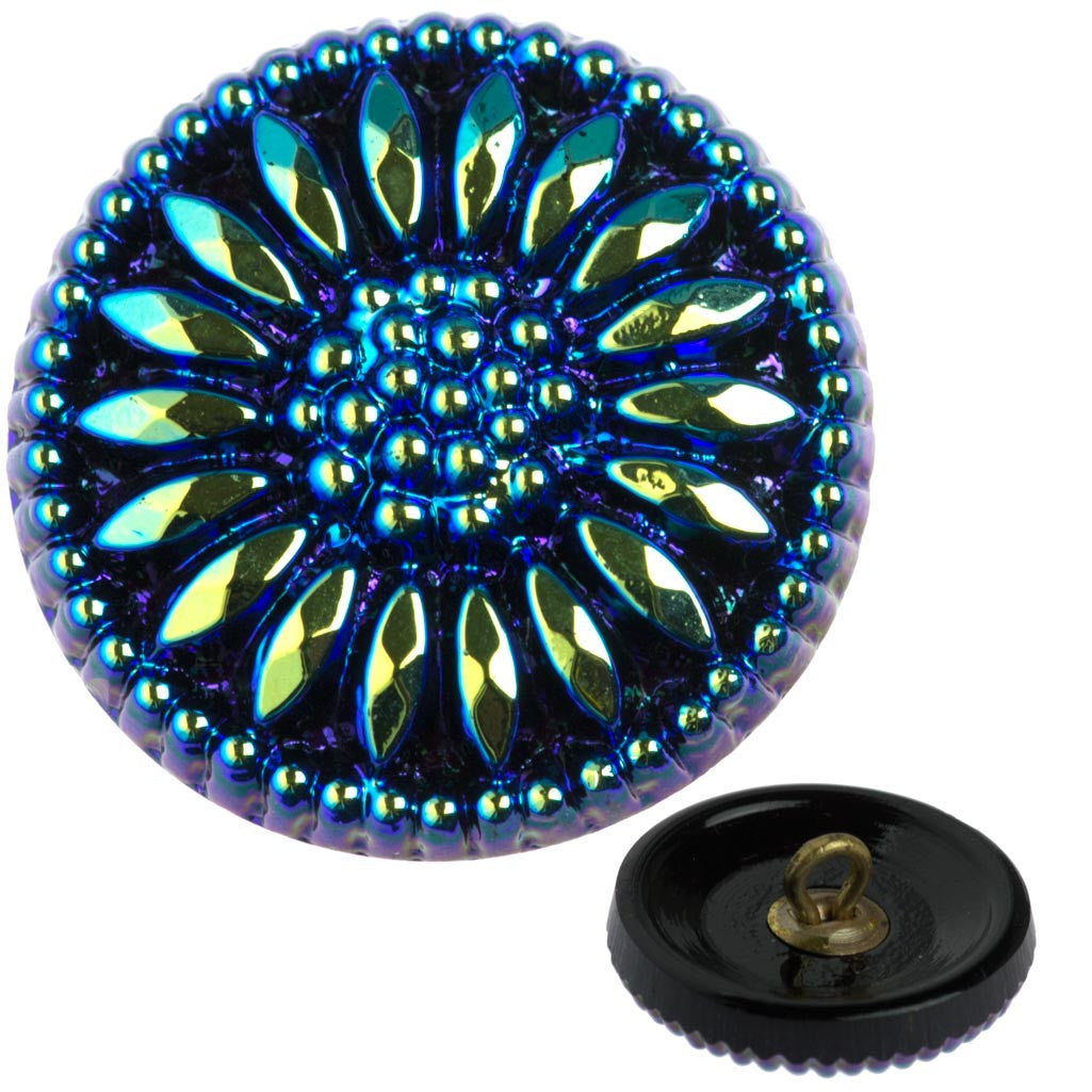 Czech 18mm Metallic Blue Daisy Glass Button