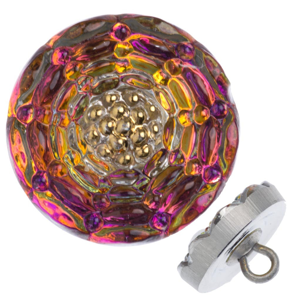 Czech 14mm Pink Yellow Vitrail flower Glass Button