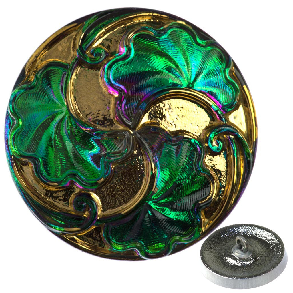 Czech 28mm Green Vitrail Turbine Glass Button