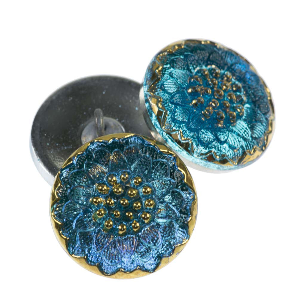 Czech 18mm Daisy Glass Button Blue Aqua