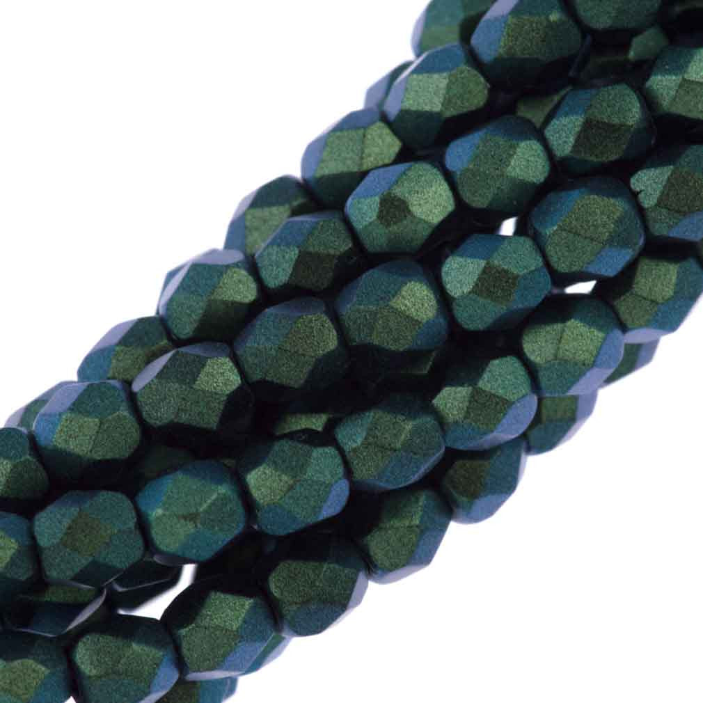 80 Czech Fire Polished 4mm Round Bead Polychrome Viridian (29044)