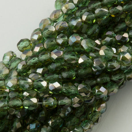 100 Czech Fire Polished 4mm Round Bead Prairie Green Celsian (50310Z)